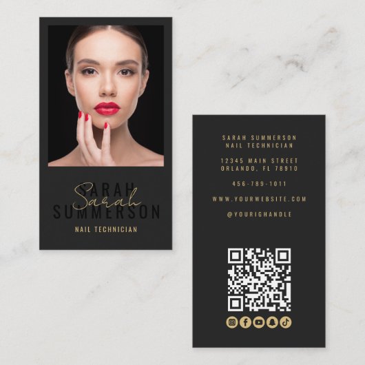 Carte De Visite Code QR du salon de manucure Photo Script Beige (Devant / Derrière)