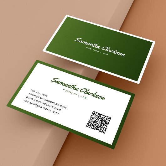 Carte De Visite Code QR du script de bordure vert d'olive simple