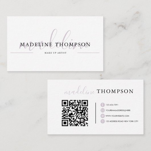 Carte De Visite Code QR du script de calligraphie de lavande pâle (Devant / Derrière)