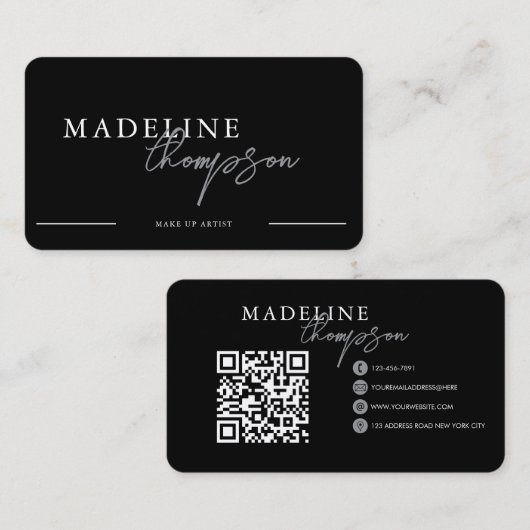 Carte De Visite Code QR du script de calligraphie en argent noir (Devant / Derrière)