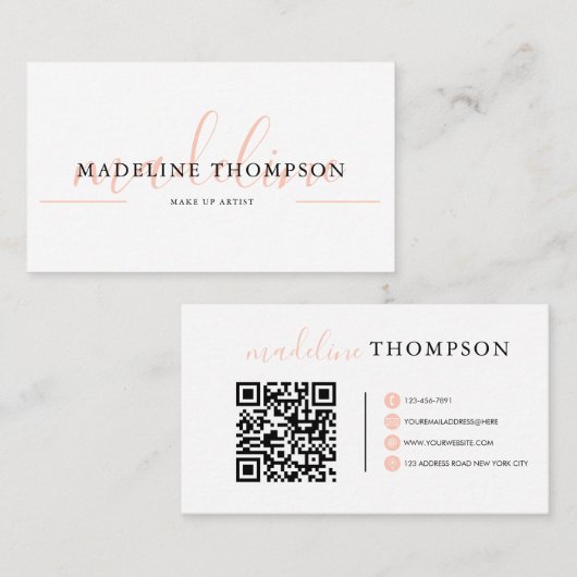 Carte De Visite Code QR du script de calligraphie orange pâle (Devant / Derrière)