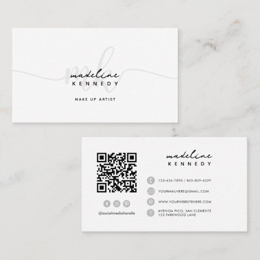 Carte De Visite Code QR du script de monogramme noir blanc (Devant / Derrière)