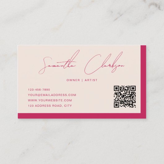 Carte De Visite Code QR du script manuscrit rouge beige et Rose (Dos)
