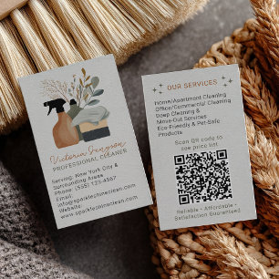 Carte De Visite Code QR du service de nettoyage bohème vert