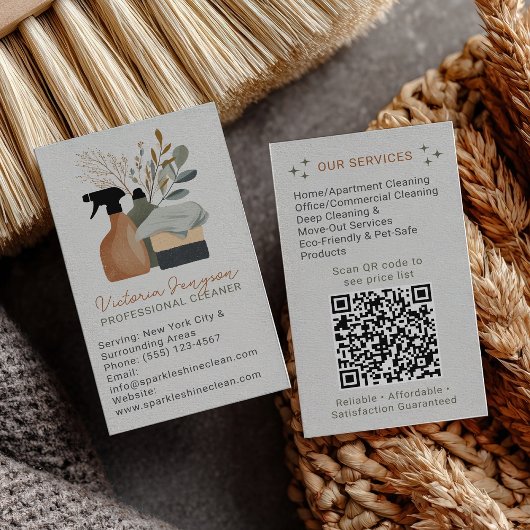 Carte De Visite Code QR du service de nettoyage bohème vert