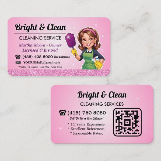 Carte De Visite Code QR du service de nettoyage Rose Ménagère (Devant / Derrière)