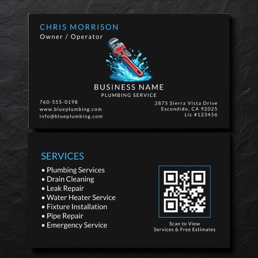 Carte De Visite Code QR du service de plomberie noir
