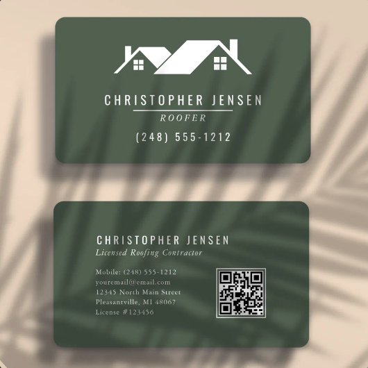 Carte De Visite Code QR d'un Couvreur en Vert Foncé Arrondi