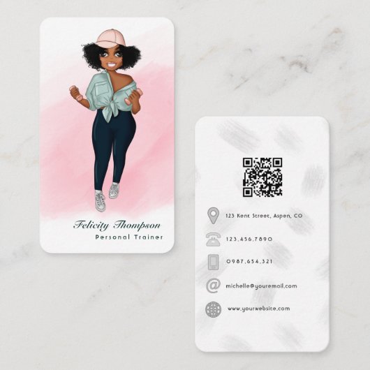 Carte De Visite Code QR d'une fille instructrice de fitness afro b (Devant / Derrière)
