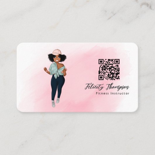 Carte De Visite Code QR d'une fille instructrice de fitness afro b (Devant)