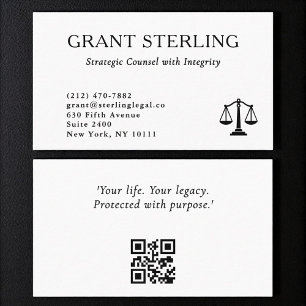 Carte De Visite Code QR Échelles de Justice Noir Blanc Légal