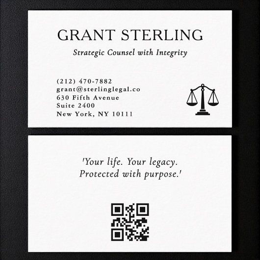 Carte De Visite Code QR Échelles de Justice Noir Blanc Légal