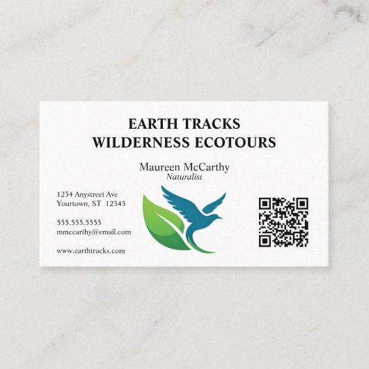 Carte De Visite Code QR Écotourisme Conservation Oiseau et Feuille (Devant)