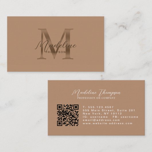 Carte De Visite Code QR écriture monogramme marron métallisé taupe (Devant / Derrière)
