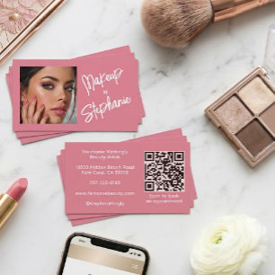 Carte De Visite Code QR écriture rose blush Photo Maquillage