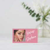 Carte De Visite Code QR écriture rose blush Photo Maquillage (Debout devant)