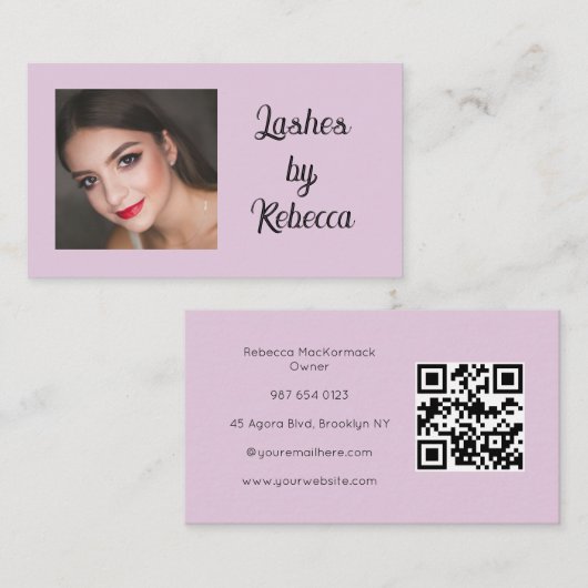 Carte De Visite Code QR Écriture Rose Pâle Photo Cil Affaires (Devant / Derrière)