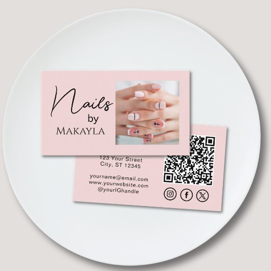 Carte De Visite Code QR écriture rose pâle Photo Salon de manucure