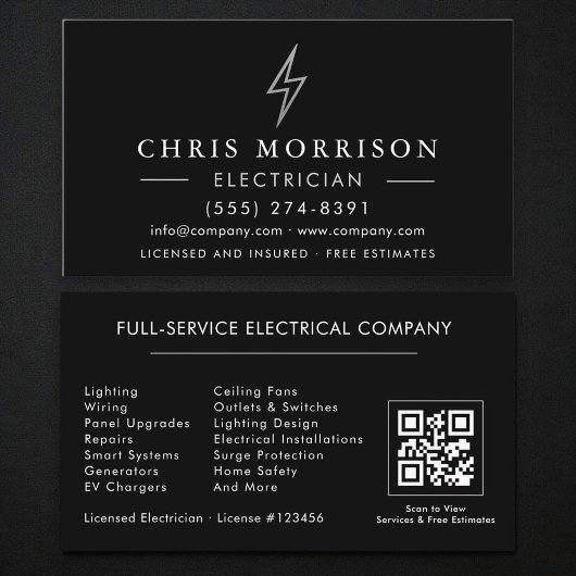 Carte De Visite Code QR Électricien Noir Argent