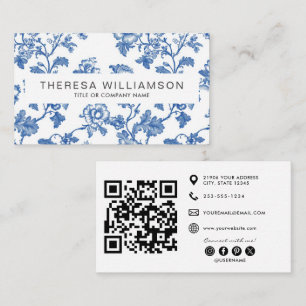 Carte De Visite Code QR élégant à motif floral bleu toile de Jouy