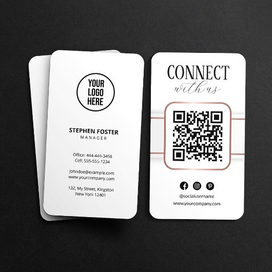 Carte De Visite Code QR Élégant Blanc Or Rose Connectez-Vous Avec