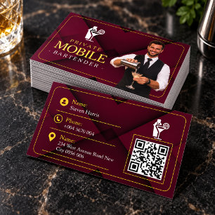 Carte De Visite Code QR élégant de barman mobile bordeaux