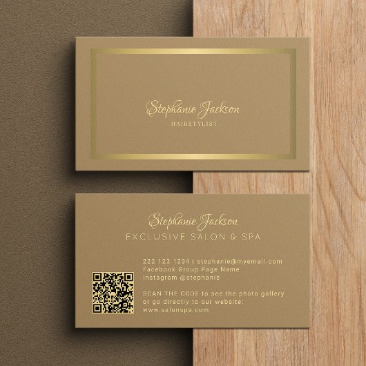 Carte De Visite Code QR élégant de luxe beige et or pour coiffeur