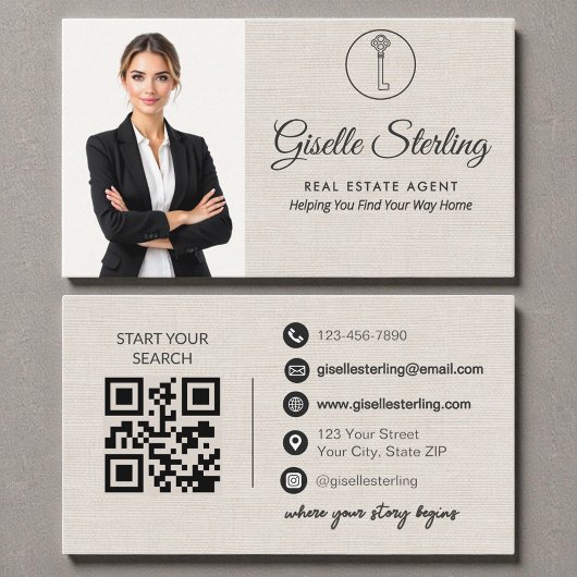 Carte De Visite Code QR élégant en lin pour agent immobilier
