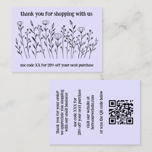 Carte De Visite Code QR Élégant Fleur sauvage ORDER MERCI (Devant / Derrière)