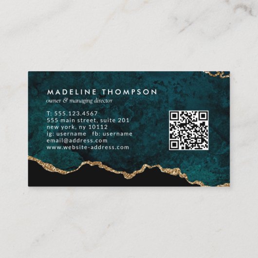Carte De Visite Code QR élégant Géode d'âge en marbre vert Turquoi (Dos)