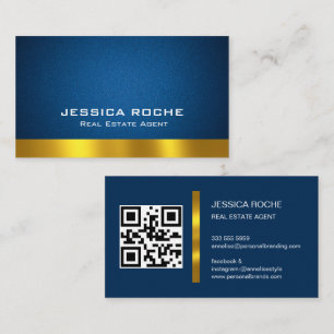 Carte De Visite Code QR élégant luxe cuir bleu Immobilier