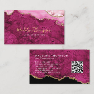 Carte De Visite Code QR élégant Magenta Rose Marbre Agate Géode