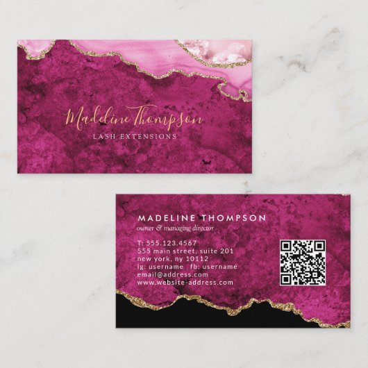 Carte De Visite Code QR élégant Magenta Rose Marbre Agate Géode (Devant / Derrière)