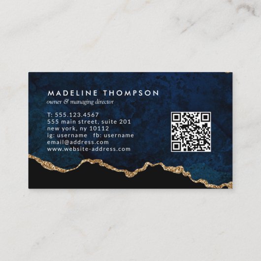 Carte De Visite Code QR élégant Marine Marbre Bleu Agate Géode (Dos)