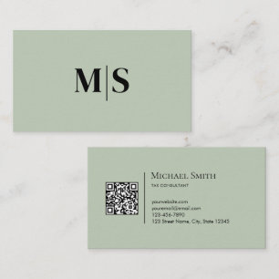 Carte De Visite Code QR Élégant Minimaliste Initiales Vert Sauge