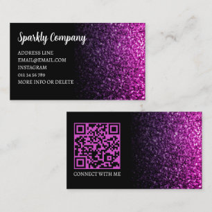 Carte De Visite Code QR élégant noir à dégradé rose violet scintil