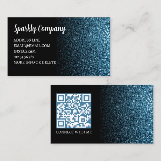Carte De Visite Code QR élégant noir à faux éclat bleu bébé (Devant / Derrière)