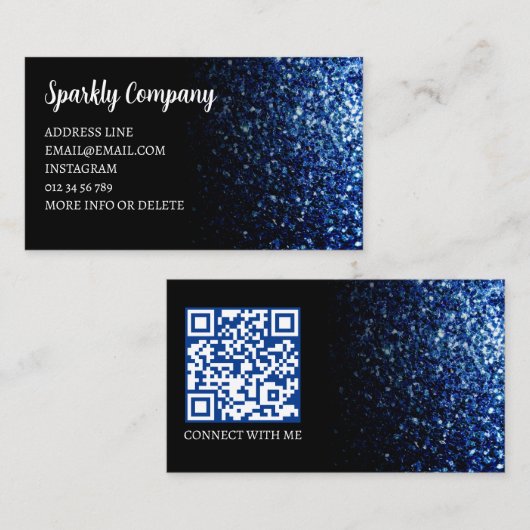 Carte De Visite Code QR élégant noir à faux éclat bleu foncé (Devant / Derrière)