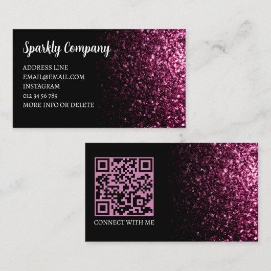 Carte De Visite Code QR élégant noir fausse brillance rose foncé (Devant / Derrière)
