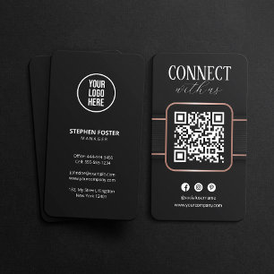Carte De Visite Code QR Élégant Noir Or Rose Connectez-Vous Avec N