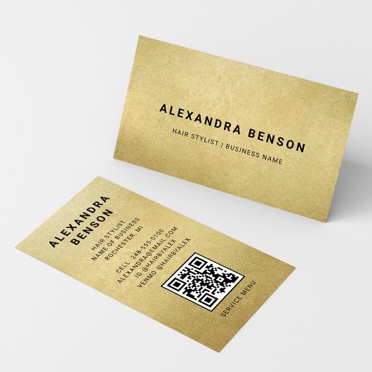 Carte De Visite Code QR élégant pour coiffeur avec feuille d'or