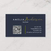 Carte De Visite Code QR élégant Simple Navy Blue Gold Script (Dos)