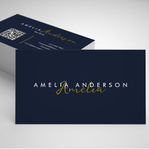 Carte De Visite Code QR élégant Simple Navy Blue Gold Script