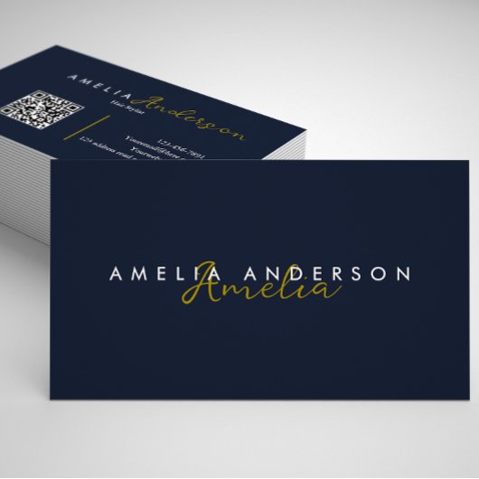 Carte De Visite Code QR élégant Simple Navy Blue Gold Script