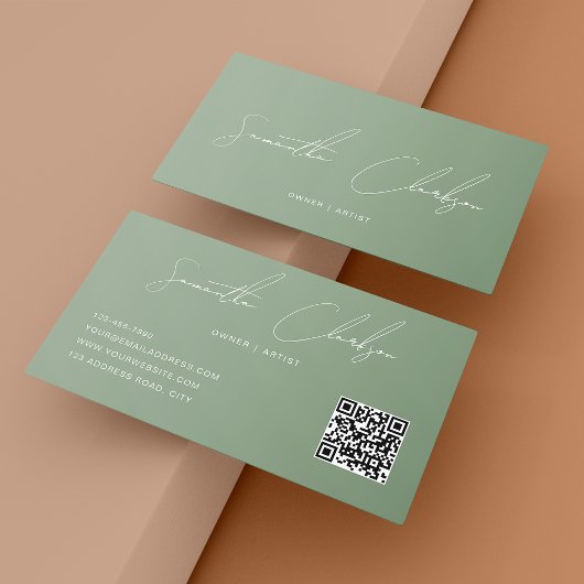 Carte De Visite Code QR Élégant Vert Sauge Complet Écriture Manusc