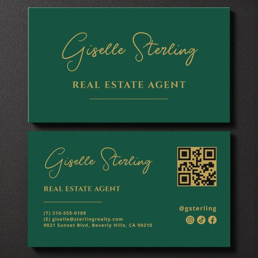 Carte De Visite Code QR Emerald Green & Gold Real Estate Agent