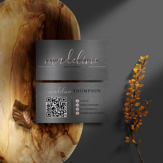 Carte De Visite Code Qr en acier brossé métallique rose pâle