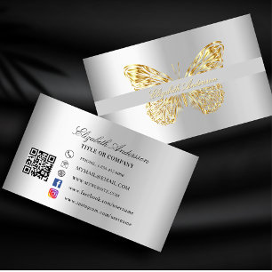 Carte De Visite Code QR en argent papillon