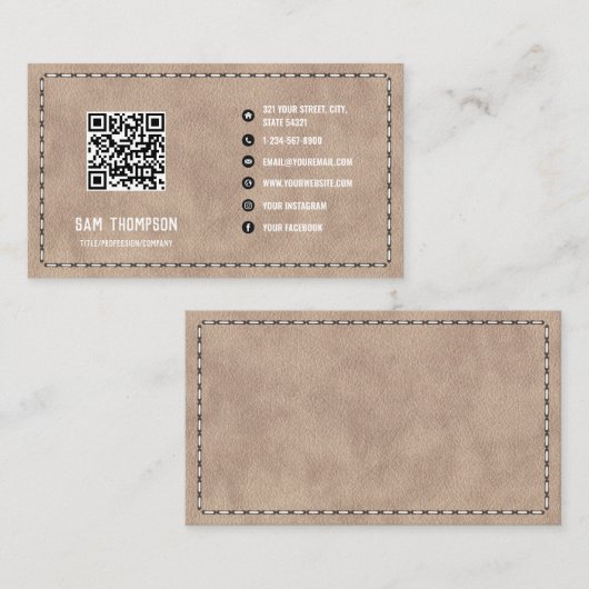 Carte De Visite Code QR en cuir beige (Devant / Derrière)