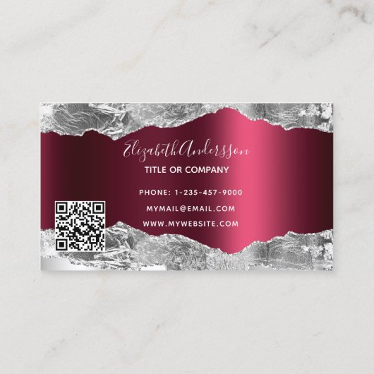 Carte De Visite Code QR en marbre argenté bordeaux (Dos)